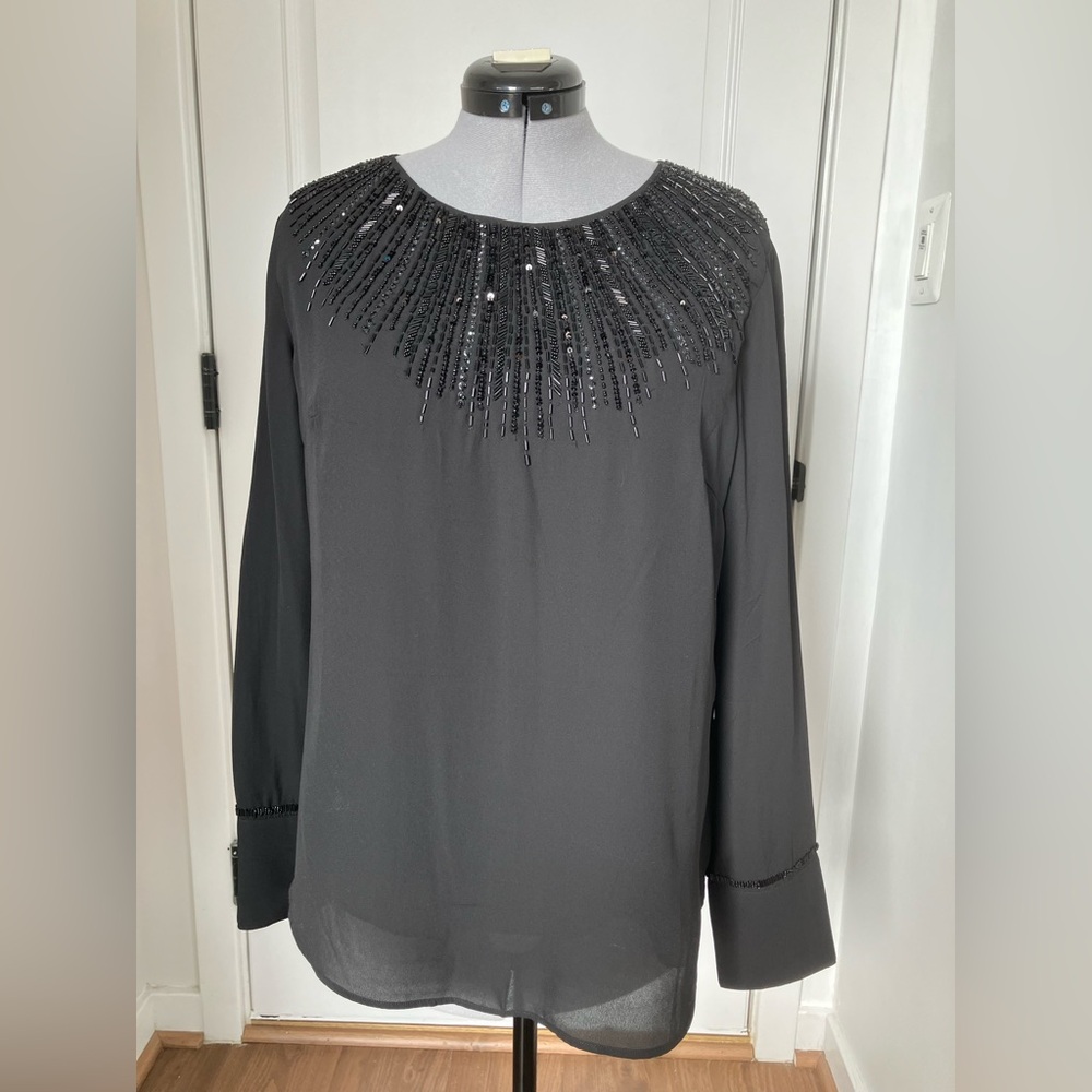 White House Black Market Charcoal Beaded Blouse
